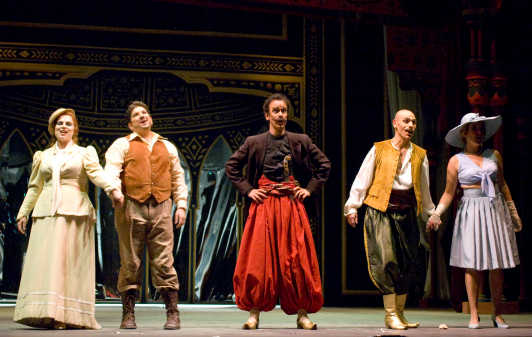 L-R Katarzyna Dondalska (Constanza), Todd Wilander (Belmonte), Kevin Burdette (Osmin), Carlos Natale (Pedrillo) and Natasha Tupin (Blonde)